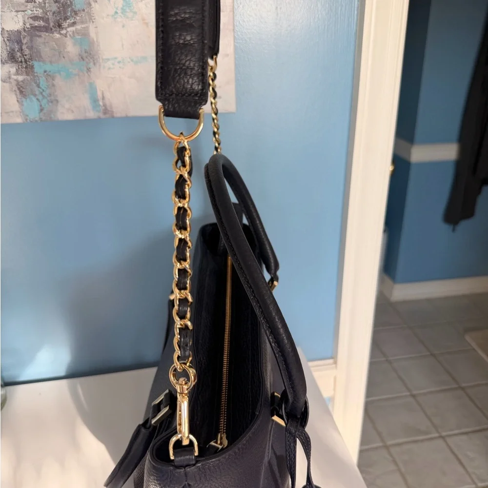 Tory Burch McGraw Small Tote Navy Pebbled Leather Gold Chain Crossbody - Picture 6 of 9